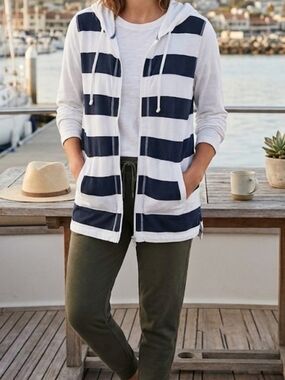 Tommy Bahama Rugby Nautical Blue/White Striped Full Zip Hooded jacket Hoodie M